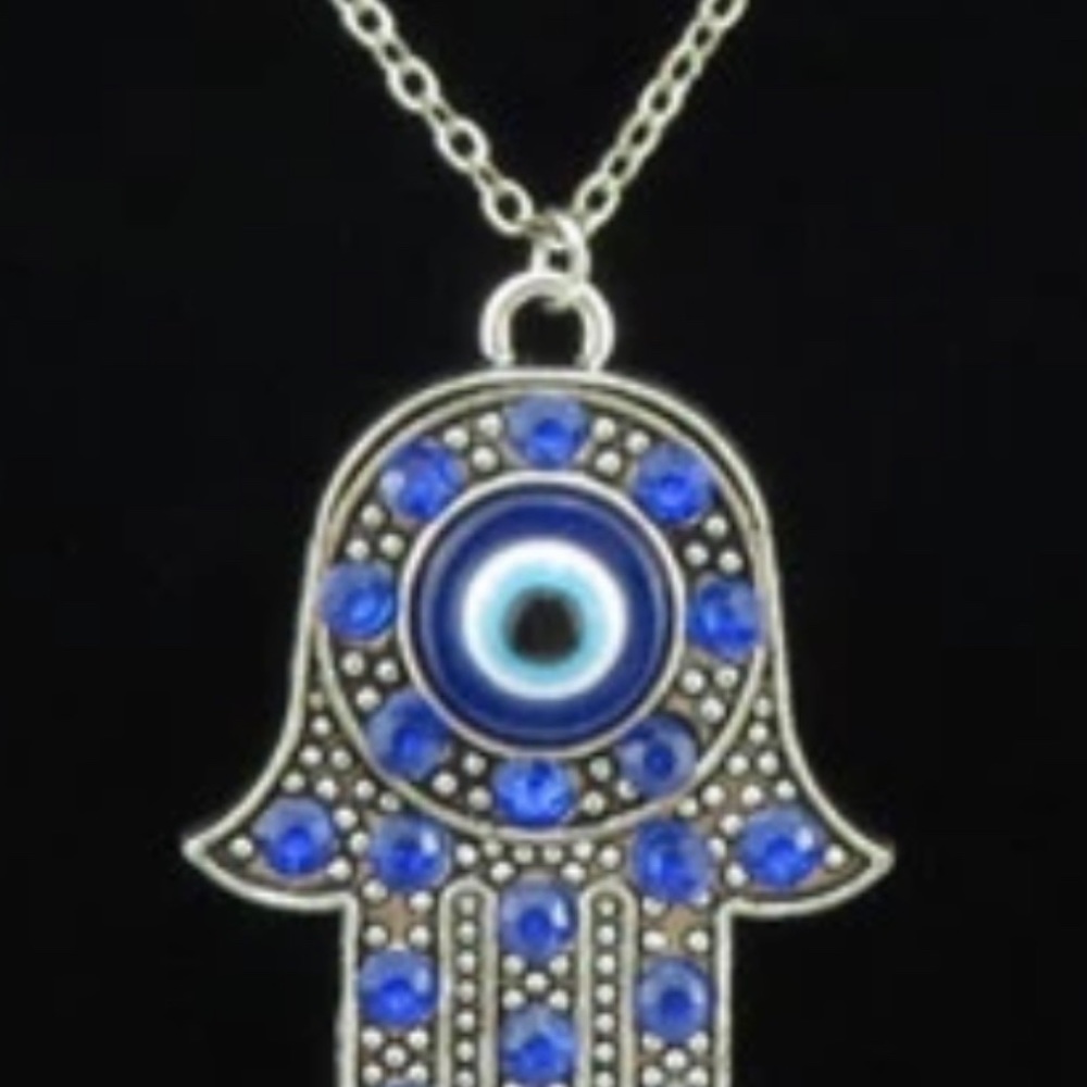 Women Blue Rhinestone Evil Eye Hamsa Hand Pendant